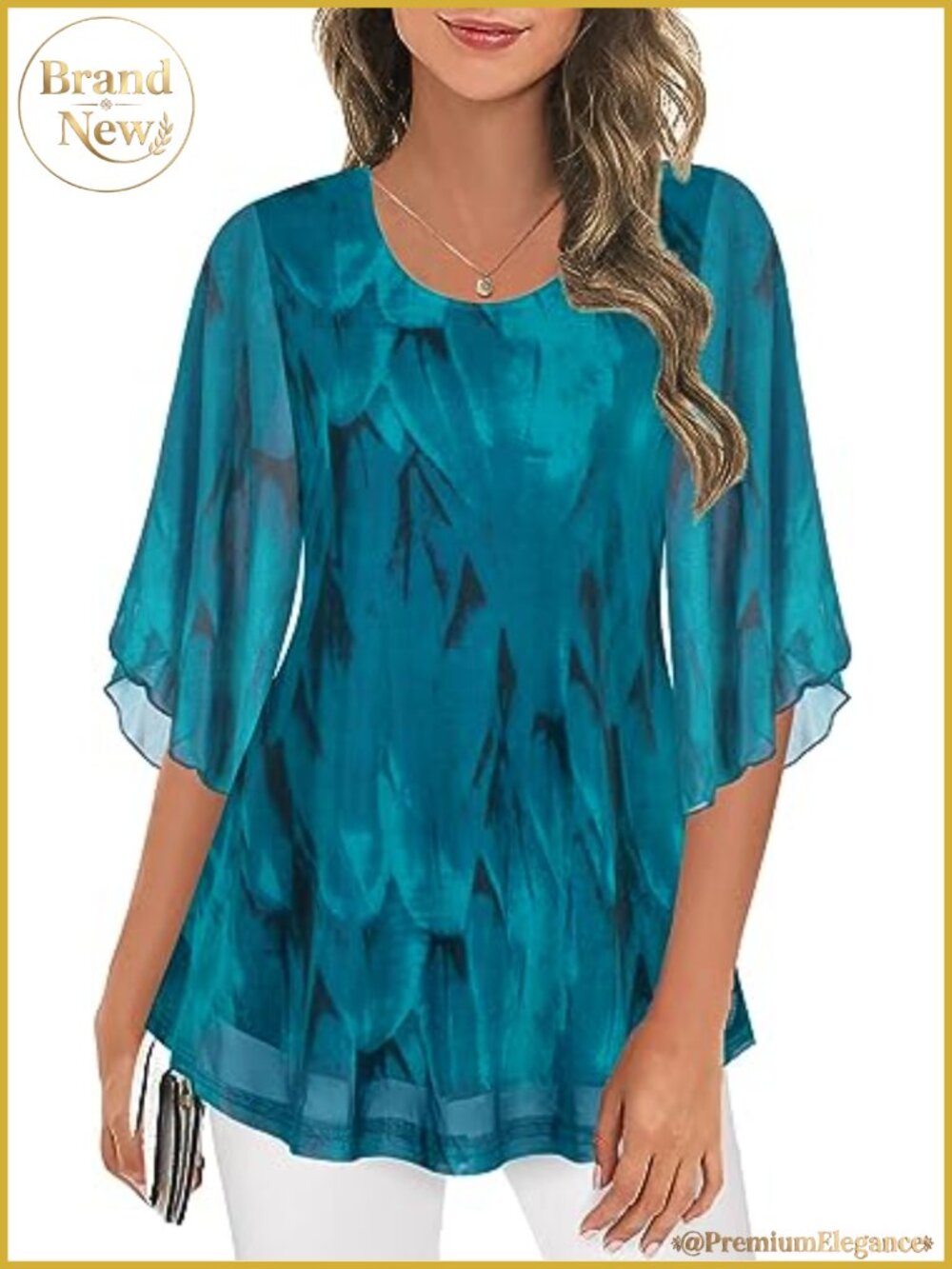 Women's 3/4 Sleeve Mesh Tunic Shirts Dressy Casual Blouse Sheer Overlay